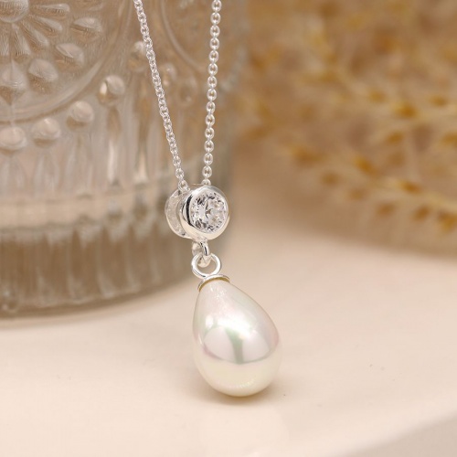 Sterling Silver Shell Pearl Drop and Crystal Necklace by Peace of Mind